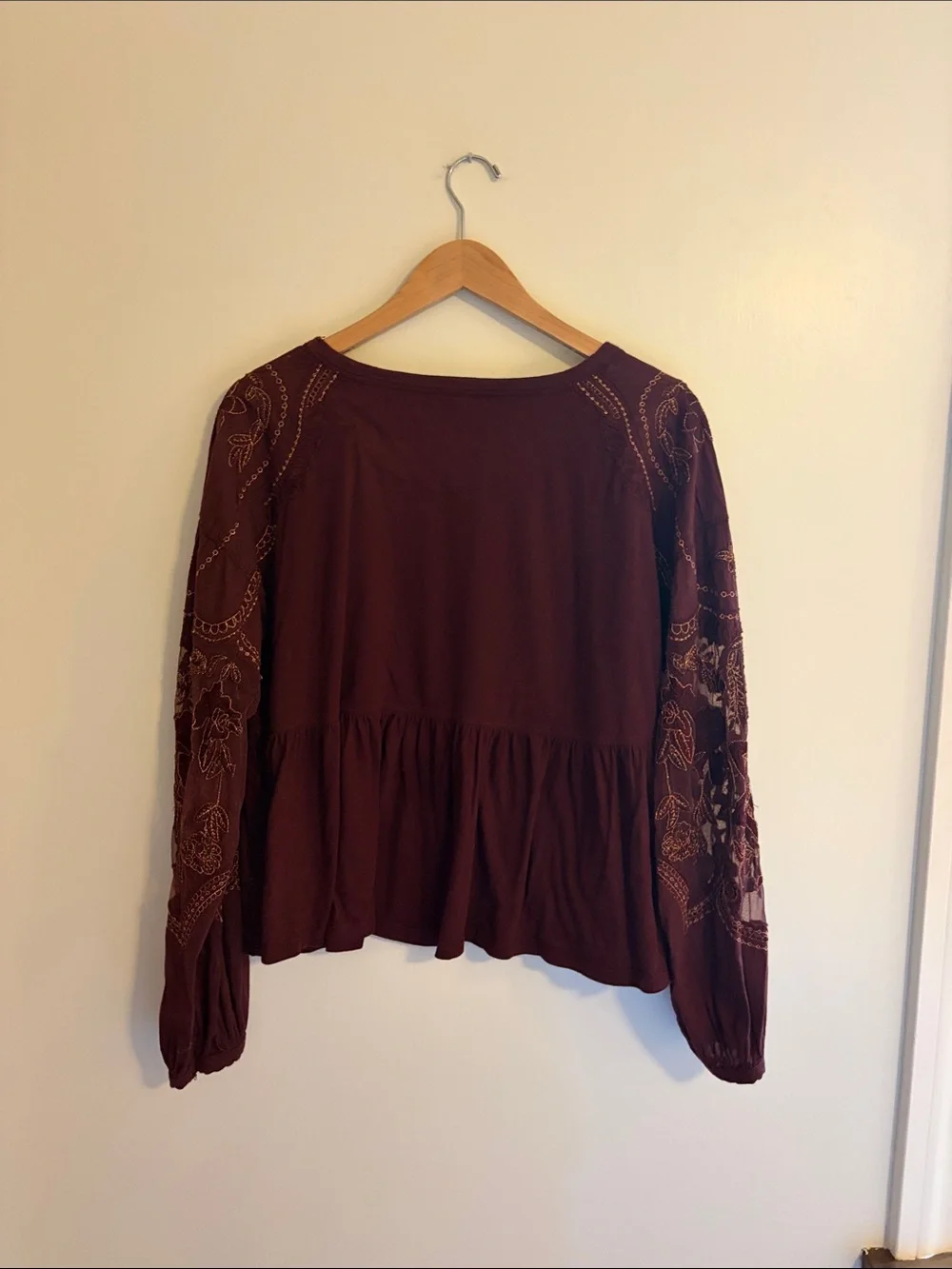 Free People Women's Embroidered Long-Sleeve Baby Doll Top - Burgundy